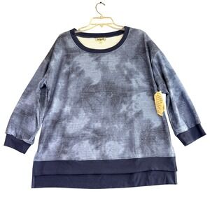 One World M Blue Navy Tie Dye Sweatshirt Crew Neck 3/4 Sleeve Cozy Casual NWT